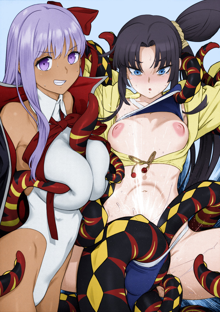 2girls absurdres bb_(fate) bb_(swimsuit_mooncancer)_(fate) bikini bikini_top_lift blush breasts breasts_squeezed_together clothes_lift colorized fate/grand_order fate_(series) female_ejaculation female_ejaculation_while_penetrated grin highleg highleg_leotard highres inoue_kiyoshirou inverted_nipples large_breasts leotard looking_at_viewer multiple_girls navel nipples parted_lips simple_background small_breasts smile spread_legs suspended_congress swimsuit tears tentacle_sex tentacles tentacles_under_clothes third-party_edit ushiwakamaru_(fate) ushiwakamaru_(fate/grand_order) ushiwakamaru_(swimsuit_assassin)_(fate) vaginal wide-eyed yuri