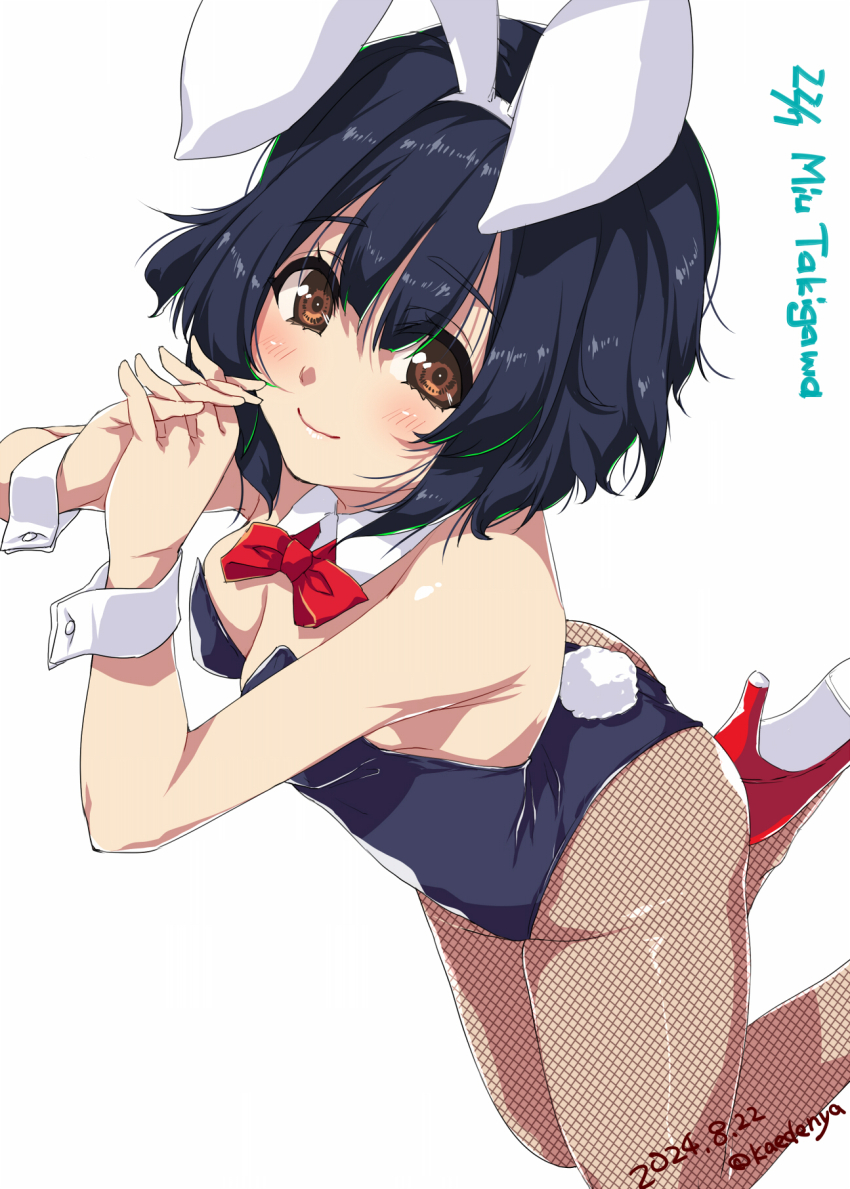 1girl 22/7 animal_ears artist_name black_leotard blue_hair bow bowtie brown_eyes character_name closed_mouth dark_blue_hair dated detached_collar fake_animal_ears fake_tail fishnet_pantyhose fishnets foot_out_of_frame from_above group_name high_heels highleg highleg_leotard highres kisairo_kaede leotard looking_at_viewer pantyhose playboy_bunny rabbit_ears rabbit_tail red_bow red_bowtie red_footwear short_hair simple_background smile solo strapless strapless_leotard tail takigawa_miu wavy_hair white_background wrist_cuffs