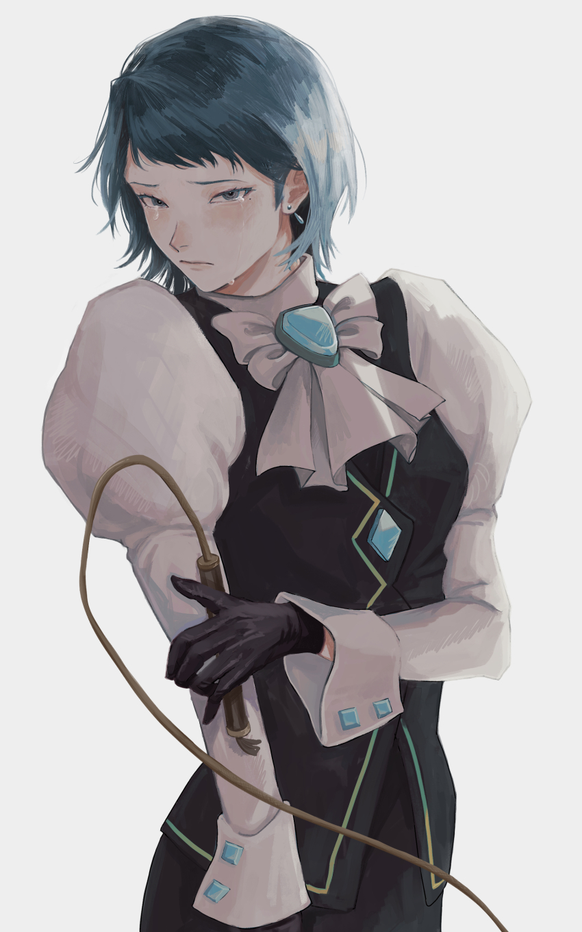 1girl absurdres ace_attorney arimoto_wada_dji ascot black_gloves black_skirt black_vest blue_brooch blue_hair brooch closed_mouth crying crying_with_eyes_open earrings franziska_von_karma gloves highres holding holding_own_arm holding_whip jewelry juliet_sleeves long_sleeves mole mole_under_eye phoenix_wright:_ace_attorney_-_justice_for_all puffy_sleeves ribbon shirt short_hair simple_background skirt solo teardrop_earrings tears vest white_ascot white_background white_shirt