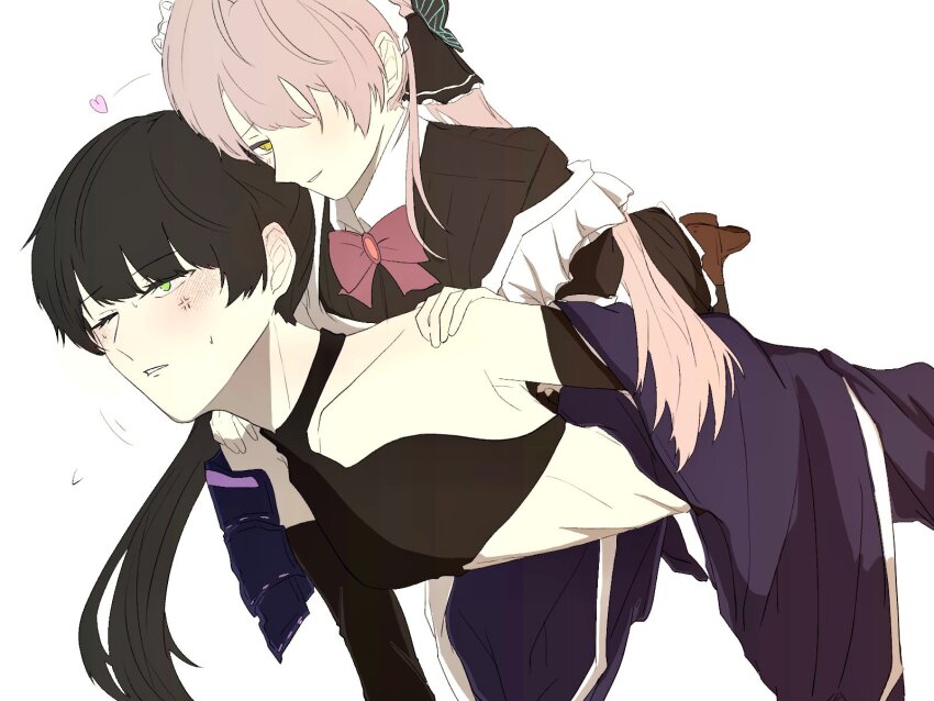 2girls armor black_hair blunt_bangs blush carrying collarbone green_eyes heaven_burns_red highres japanese_armor long_hair m0sa_4 maid multiple_girls natsume_inori official_alternate_costume ogasawara_hisame piggyback ponytail ribbon twintails white_hair yellow_eyes yuri