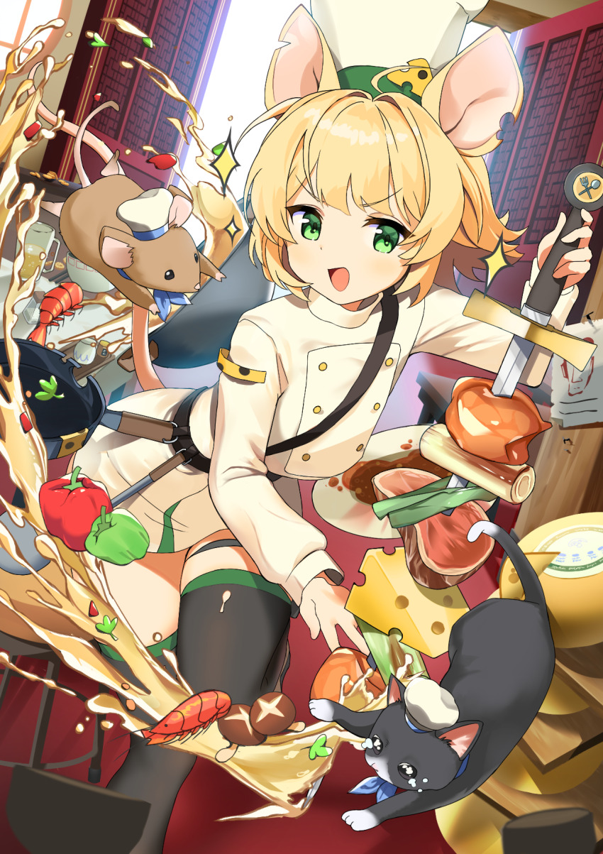 1girl animal animal_ears bell_pepper belt blonde_hair cat cheese chef chef_hat commentary_request cooking crop_top food frying_pan green_eyes hat highres holding holding_sword holding_weapon indoors long_sleeves mearyo meat mouse_(animal) mouse_ears mouse_girl mouse_tail mushroom open_mouth open_window original revision short_hair shrimp skirt smile solo sparkle standing standing_on_one_leg sword tail thigh_strap thighhighs v-shaped_eyebrows weapon window window_shadow
