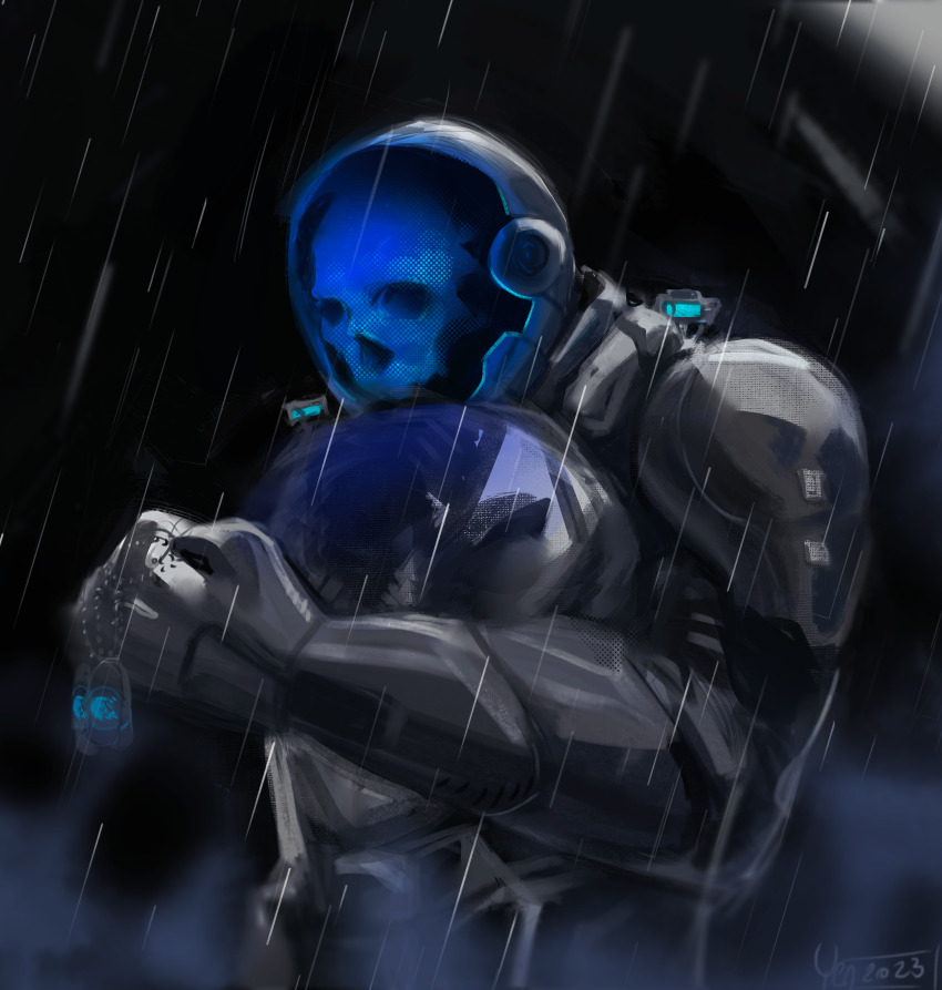absurdres armor assault_visor atmospheric_perspective black_armor commission commissioner_upload cyberpunk day_of_wrath_(infinitypilot) dog_tags doom_(2016) doom_(series) full_armor glowing helmet highres holding hologram mask military night original rain sad science_fiction skull skull_mask skullhacker_(day_of_wrath) soldier solo solo_focus visor_(armor) yen_(yenyenyen19)