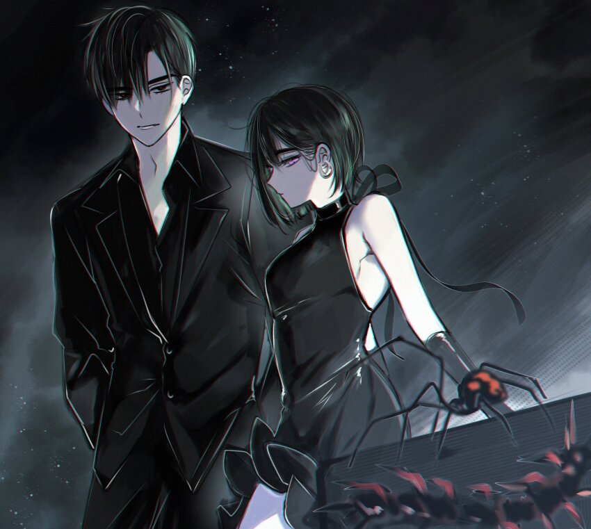 1boy 1girl alien_stage black_dress black_eyes black_gloves black_hair black_jacket black_pants black_shirt black_suit bob_cut bug centipede chinese_commentary collared_shirt commentary dress earrings elbow_gloves formal_clothes gloves halter_dress halterneck hands_in_pockets highres hoop_earrings ivan_(alien_stage) jacket jewelry mikan_(artist) pants purple_eyes red_pupils shirt short_hair spider sua_(alien_stage) suit suit_jacket