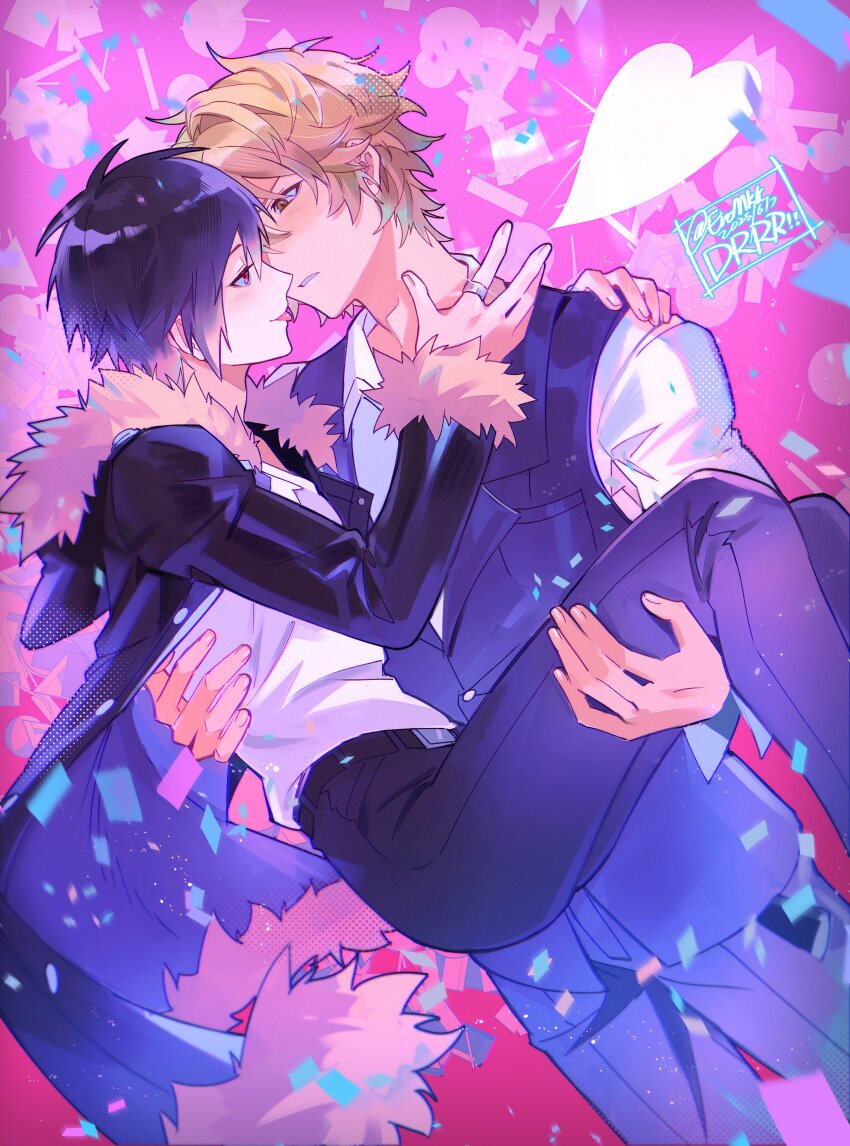 2boys absurdres belt black_belt black_hair black_jacket black_pants black_vest blonde_hair blush brown_eyes carrying confetti dated durarara!! eromkk fur-trimmed_jacket fur_trim hand_on_another&#039;s_shoulder heart heiwajima_shizuo highres hood hooded_jacket jacket jewelry male_focus multiple_boys open_clothes open_jacket orihara_izaya pants parted_lips princess_carry red_eyes ring shirt shirt_tucked_in short_hair tongue tongue_out twitter_username vest white_shirt yaoi