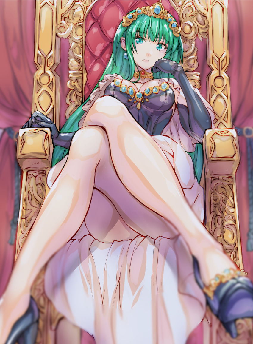 1girl absurdres arm_rest bare_legs bare_shoulders black_footwear black_gloves black_leotard blurry blurry_background blurry_foreground bottomless breasts chair closed_mouth commentary_request crossed_legs crown dot_nose dress earrings elbow_gloves forehead from_below frown full_body gem gloves green_eyes green_hair hand_on_own_chest high_heels highres jewelry large_breasts leotard long_hair looking_at_viewer masou_shizuka pointy_ears rance_(series) red_haired_cure_(bomber_girls_precure)_(happinesscharge_precure!) sitting solo throne white_dress wochi