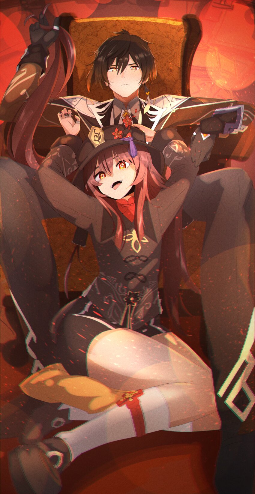 1boy 1girl absurdres arm_rest armchair black_gloves black_hair black_headwear black_nails black_shorts brown_hair chair chinese_clothes earrings flower flower-shaped_pupils formal_clothes frown genshin_impact gloves gradient_hair hair_between_eyes hand_in_another&#039;s_hair hand_on_headwear hands_up hat hat_flower highres hu_tao_(genshin_impact) jacket jewelry long_hair long_sleeves looking_at_viewer marky_evan multicolored_hair multiple_rings necktie open_mouth pants pillow plum_blossoms porkpie_hat red_eyes ring shorts sidelocks single_earring sitting smile spread_legs suit symbol-shaped_pupils tassel tassel_earrings teeth tongue twintails white_necktie yellow_eyes zhongli_(genshin_impact)