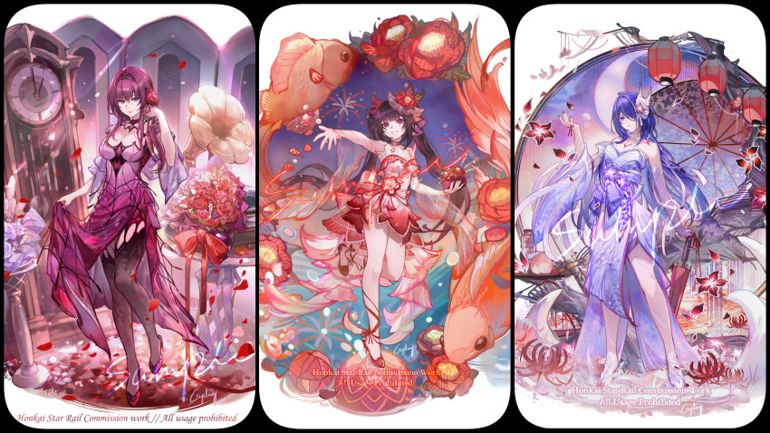 3girls acheron_(honkai:_star_rail) alternate_costume armpits bare_legs bare_shoulders black_hair breasts chinese_commentary closed_mouth closed_umbrella commentary_request commission csyday detached_sleeves dress english_text fish flower food fruit full_body goldfish hair_between_eyes hair_flower hair_ornament hair_over_one_eye hand_in_own_hair hand_up highres holding holding_umbrella honkai:_star_rail honkai_(series) kafka_(honkai:_star_rail) lantern long_hair long_sleeves looking_at_viewer mask mask_on_head medium_breasts multicolored_hair multiple_girls nail_polish oil-paper_umbrella paper_lantern parted_lips peach purple_dress purple_eyes purple_flower purple_hair purple_hands purple_nails red_eyes red_flower red_petals red_shoes sample_watermark shoes signature smile sparkle_(honkai:_star_rail) standing strapless strapless_dress streaked_hair sword twintails umbrella very_long_hair watermark weapon white_background
