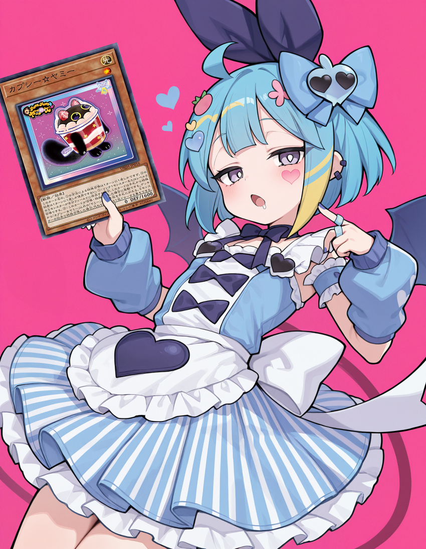 1girl black_wings blue_dress blue_hair card cowboy_shot cupsie_yummy demon_girl demon_wings dress duel_monster highres holding holding_card lil-la_(yu-gi-oh!) live_twin_lil-la_sweet nail_polish official_art_inset ownshine pink_background purple_eyes short_hair simple_background solo trading_card wings yu-gi-oh!