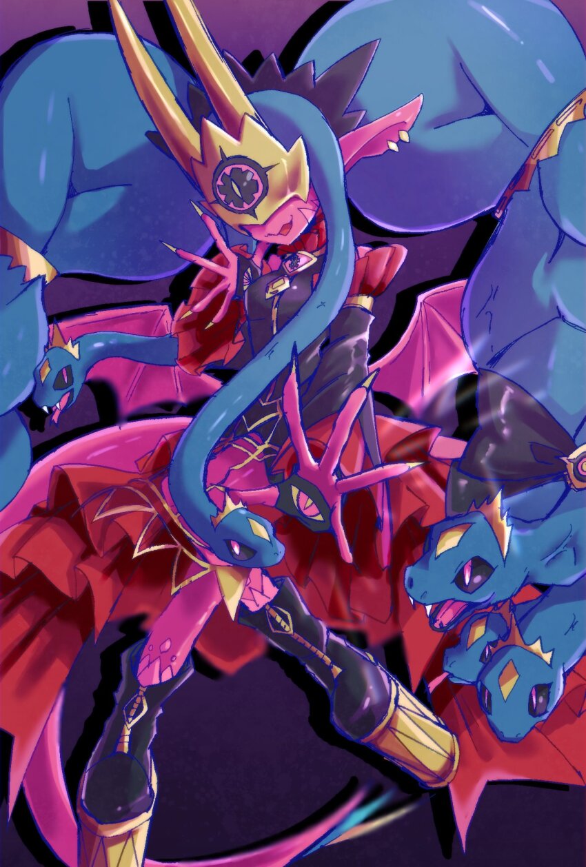 1girl black_boots blue_hair boots breasts colored_skin covered_eyes digimon digimon_(creature) fingernails full_body highres leotard long_fingernails long_hair medium_breasts medusamon megane_mochi pink_leotard pink_skin pink_tail pink_wings pointy_ears snake_hair solo very_long_hair wings