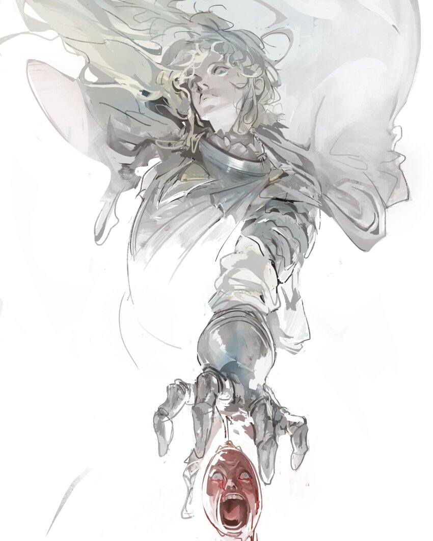 1boy absurdres berserk blue_eyes cape closed_mouth collar colored_skin floating_cape floating_hair frilled_collar frilled_sleeves frills griffith_(berserk) hair_behind_ear head_tilt highres kanji_(nievart) male_focus open_mouth outstretched_arm red_skin shirt solo teeth white_background white_cape white_hair white_shirt white_theme