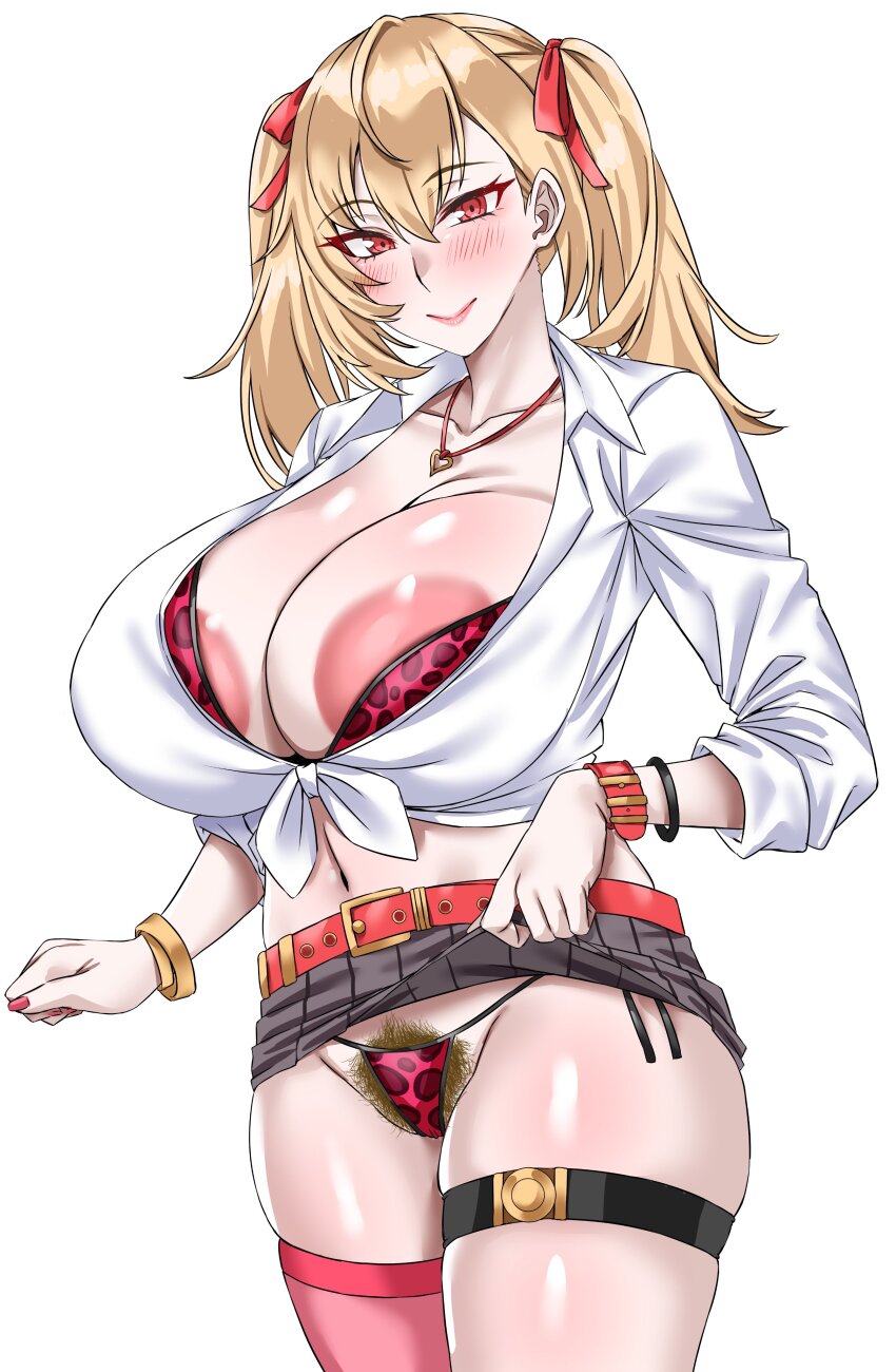 1girl absurdres animal_print areola_slip artia_(kyonyuu_fantasy_burst) belt blonde_hair blush bracelet breasts cleavage clothes_lift crop_top female_pubic_hair front-tie_shirt gyaru hair_ribbon heart heart_necklace highres huge_breasts jewelry kyonyuu_fantasy kyonyuu_fantasy_burst_x leopard_print leopard_print_bra leopard_print_panties lips medium_hair midriff miniskirt navel necklace panties pink_nails pink_thighhighs pipienpippi pubic_hair pubic_hair_peek red_eyes red_ribbon ribbon shirt side-tie_panties single_thighhigh skirt skirt_lift smile solo standing thigh_strap thighhighs tied_shirt twintails underwear white_background wristband