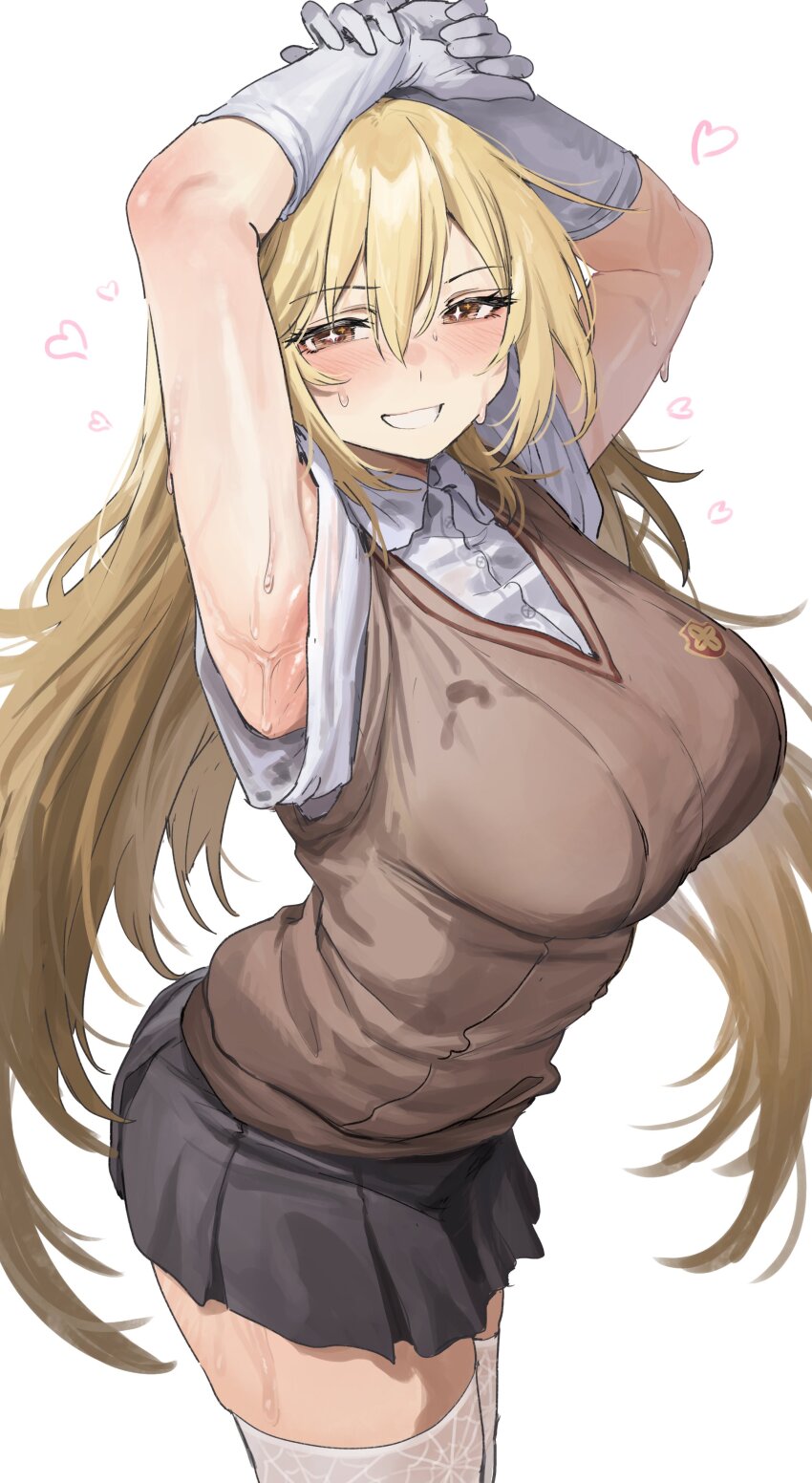 1girl absurdres aochoku armpits arms_up black_skirt blonde_hair blush breasts brown_sweater_vest commentary elbow_gloves gloves hair_between_eyes highres large_breasts long_hair looking_at_viewer miniskirt pleated_skirt school_uniform shirt shokuhou_misaki simple_background skindentation skirt smile solo sparkling_eyes summer_uniform sweat sweater_vest symbol-only_commentary thighs toaru_kagaku_no_railgun toaru_majutsu_no_index tokiwadai_school_uniform white_background white_gloves white_shirt yellow_eyes
