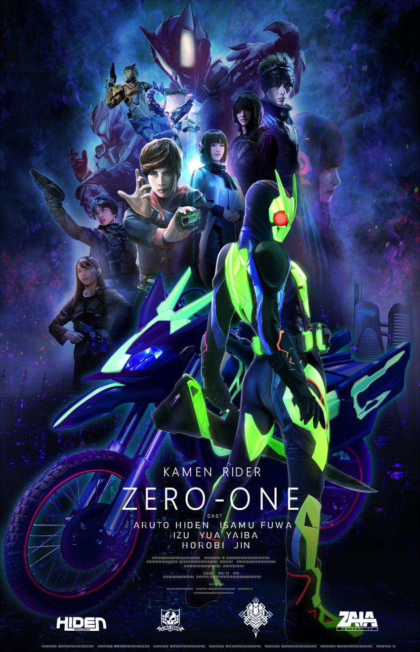 bandana bicycle copyright_name earpiece fuwa_isamu gun henshin_pose hiden_aruto highres hood horobi_(kamen_rider_01) humagear_headphones izu_(kamen_rider_01) jin_(kamen_rider_01) kamen_rider kamen_rider_01_(series) kamen_rider_horobi kamen_rider_jin kamen_rider_valkyrie kamen_rider_vulcan kamen_rider_zero-one masukudo_(hamamoto_hikaru) own_hands_together poster_(medium) progrise_key shester_(kamen_rider_01) sword weapon yaiba_yua