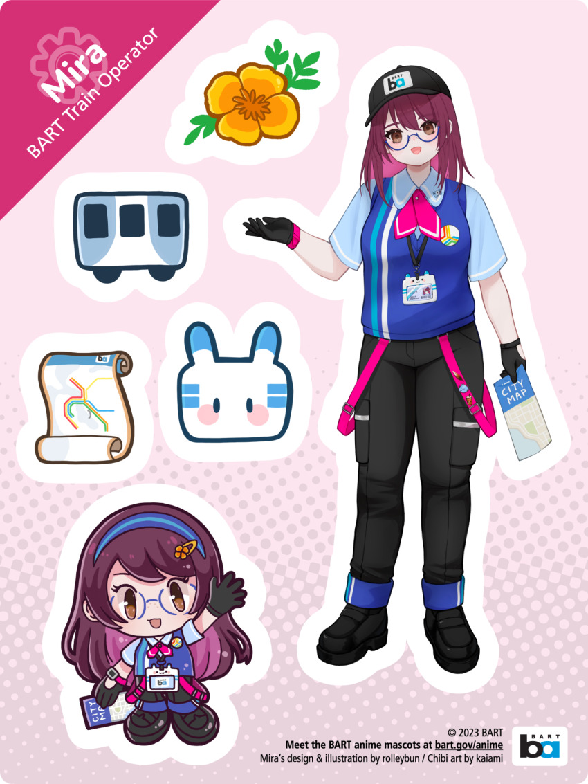 1girl artist_name artist_request ascot baseball_cap bay_area_rapid_transit black_hat black_pants black_shoes blue_hairband blue_shirt blue_vest brown_eyes character_name check_artist chibi collared_shirt english_text full_body hairband hat highres holding holding_map id_card julie_(rolleybun) kaiami lanyard looking_at_viewer map mira_(bart) multiple_views open_mouth pants pink_ascot pink_background purple_hair semi-rimless_eyewear shirt shoes short_sleeves smile under-rim_eyewear vest