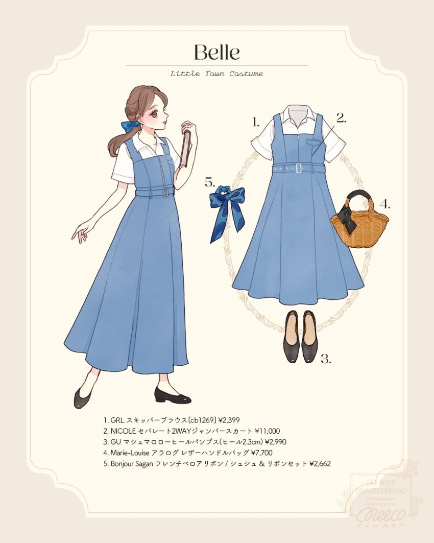 1girl animification beauty_and_the_beast_(disney) belle_(disney) bow brown_eyes brown_hair dress from_side highres long_hair looking_at_viewer meecosme ponytail short_hair short_sleeves smile solo tagme