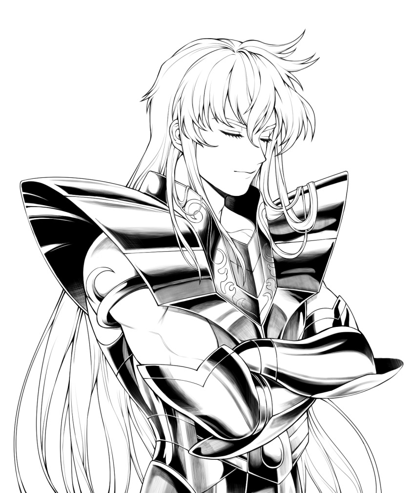 1boy armor bishounen breastplate closed_eyes closed_mouth commentary crossed_arms gauntlets gold_saint greyscale hair_between_eyes highres long_hair male_focus monochrome saint_seiya shoulder_armor simple_background solo upper_body virgo_shaka white_background yunoo_(cmzkvneld845)