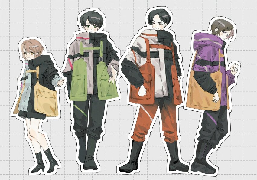 0e0n0_2 1girl 3boys azuma_michinaga black_boots black_hair boots brown_hair full_body green_eyes highres jacket kamen_rider kamen_rider_geats_(series) kurama_neon multiple_boys open_mouth purple_eyes sakurai_keiwa short_hair smile ukiyo_ace