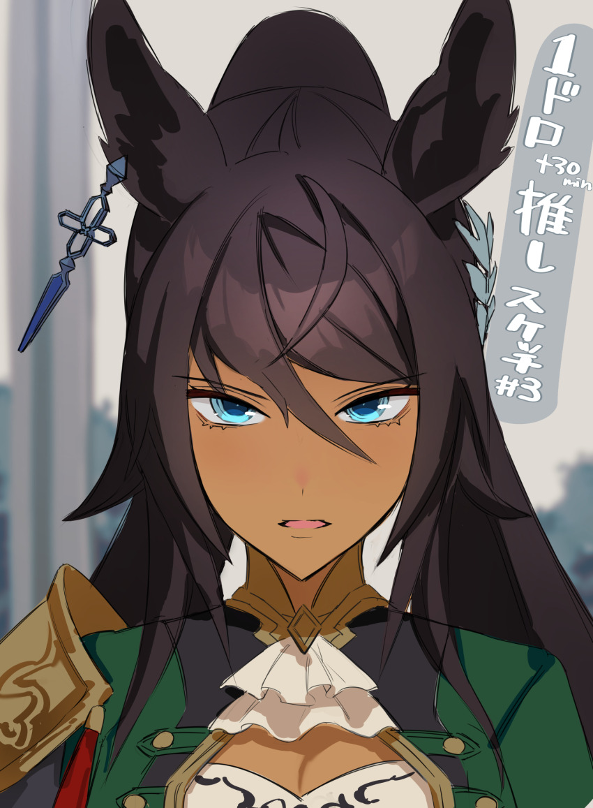 1girl animal_ears blue_eyes breasts brown_hair cleavage clothing_cutout cross cross_earrings earrings hair_between_eyes highres horse_ears horse_girl jewelry long_hair long_sleeves looking_at_viewer nerutora open_mouth ponytail simple_background single_earring solo symboli_kris_s_(umamusume) umamusume upper_body very_long_hair