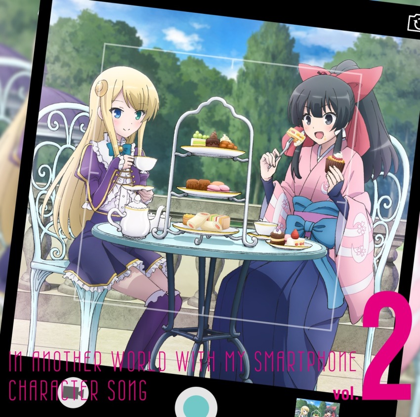 album_cover black_eyes black_hair blonde_hair blue_eyes blush bow cake cover cup downscaled dress food garden green_eyes hair_bow hair_ornament hakama hakama_skirt heterochromia highres holding isekai_wa_smartphone_to_tomo_ni. japanese_clothes kokonoe_yae long_hair long_sleeves macaron md5_mismatch multiple_girls open_mouth red_bow resized school_uniform skirt smile tea_party tea_set teacup teapot thighhighs tiered_tray yumina_elnea_belfast