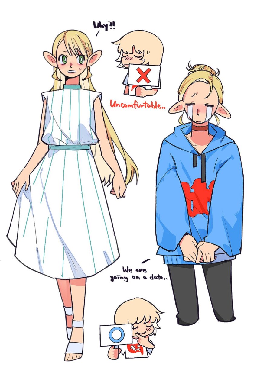 2girls black_pants blonde_hair blue_hoodie chibi choker closed_eyes commentary_request contemporary dohwa110 dress droopy_ears dungeon_meshi english_text falin_touden green_eyes hand_on_own_chin highres holding holding_sign hood hoodie korean_commentary light_brown_hair long_hair looking_to_the_side marcille_donato medium_hair multiple_girls pants ponytail red_choker sandals shirt sign sleeveless sleeveless_dress stroking_own_chin sweatdrop t_t very_long_hair white_background white_dress white_shirt x yuri