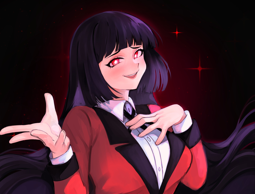 1girl absurdres black_background black_hair blunt_bangs breasts buttons collared_shirt formal_clothes hand_on_own_chest highres hime_cut hyakkaou_academy_school_uniform jabami_yumeko kakegurui kumaartsu large_breasts long_hair long_sleeves open_mouth red_eyes red_suit school_uniform shirt solo sparkle suit