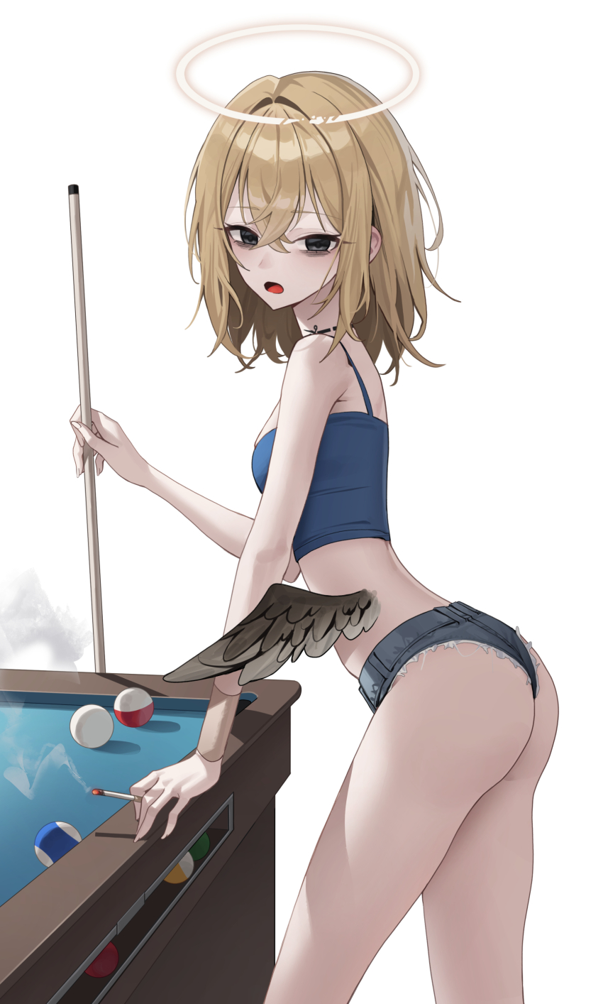 1girl absurdres arm_support ass bags_under_eyes ball billiard_ball billiards black_eyes black_wings blonde_hair blue_tank_top cigarette cowboy_shot cue_stick denim denim_shorts fallen_angel feathered_wings from_side fur-trimmed_shorts fur_trim hair_between_eyes hair_intakes halo highres holding holding_cigarette holding_cue_stick leaning_forward looking_at_viewer mansu_(user_pnmp4287) micro_shorts neck_tattoo open_mouth original pool_table short_hair short_shorts shorts sidelocks simple_background skinny solo table tank_top tattoo traditional_halo white_background white_halo wings