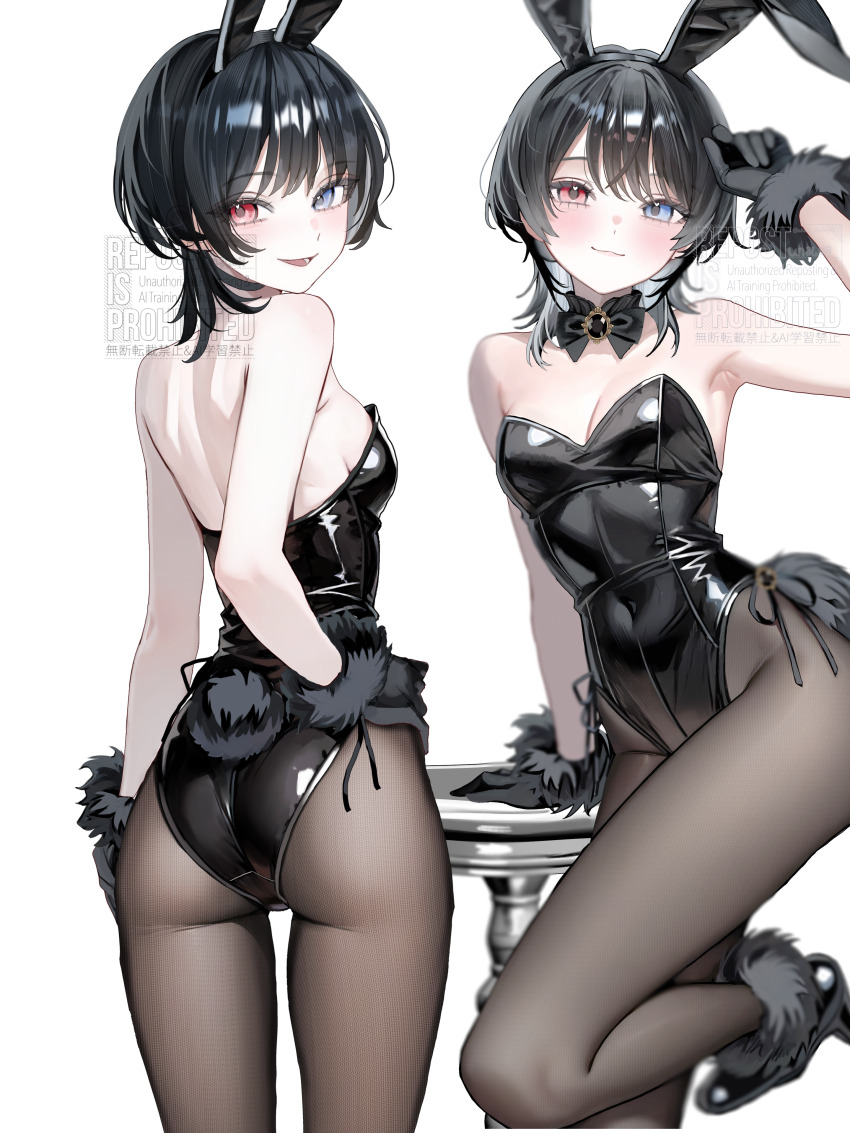 1girl absurdres akadajohnson02 animal_ear_hairband animal_ears arm_support arm_up armpits ass asymmetrical_bangs backless_leotard bare_shoulders black_bow black_bowtie black_gloves black_hair black_leotard black_pantyhose black_shoes blue_eyes blush bow bowtie breasts brooch cleavage commentary_request covered_navel cowboy_shot detached_collar fake_animal_ears fine_fabric_emphasis from_behind fur-trimmed_gloves fur-trimmed_shoes fur_trim gloves hairband hand_on_own_hip heterochromia high_heels highleg highleg_leotard highres jewelry leg_up leotard looking_at_viewer looking_back medium_hair multiple_views original pantyhose playboy_bunny rabbit_ear_hairband rabbit_ears rabbit_tail red_eyes shoes side-tie_leotard simple_background small_breasts smile smirk standing standing_on_one_leg strapless strapless_leotard tail thigh_gap watermark white_background wolf_cut