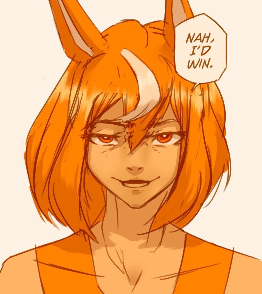 1girl animal_ears bright_pupils commentary english_commentary english_text highres horse_ears horse_race_tests ipol jovial_merryment jujutsu_kaisen looking_at_viewer meme monochrome multicolored_hair nah_i&#039;d_win_(meme) open_mouth orange_eyes orange_hair orange_theme portrait scene_reference short_hair simple_background solo speech_bubble streaked_hair white_pupils
