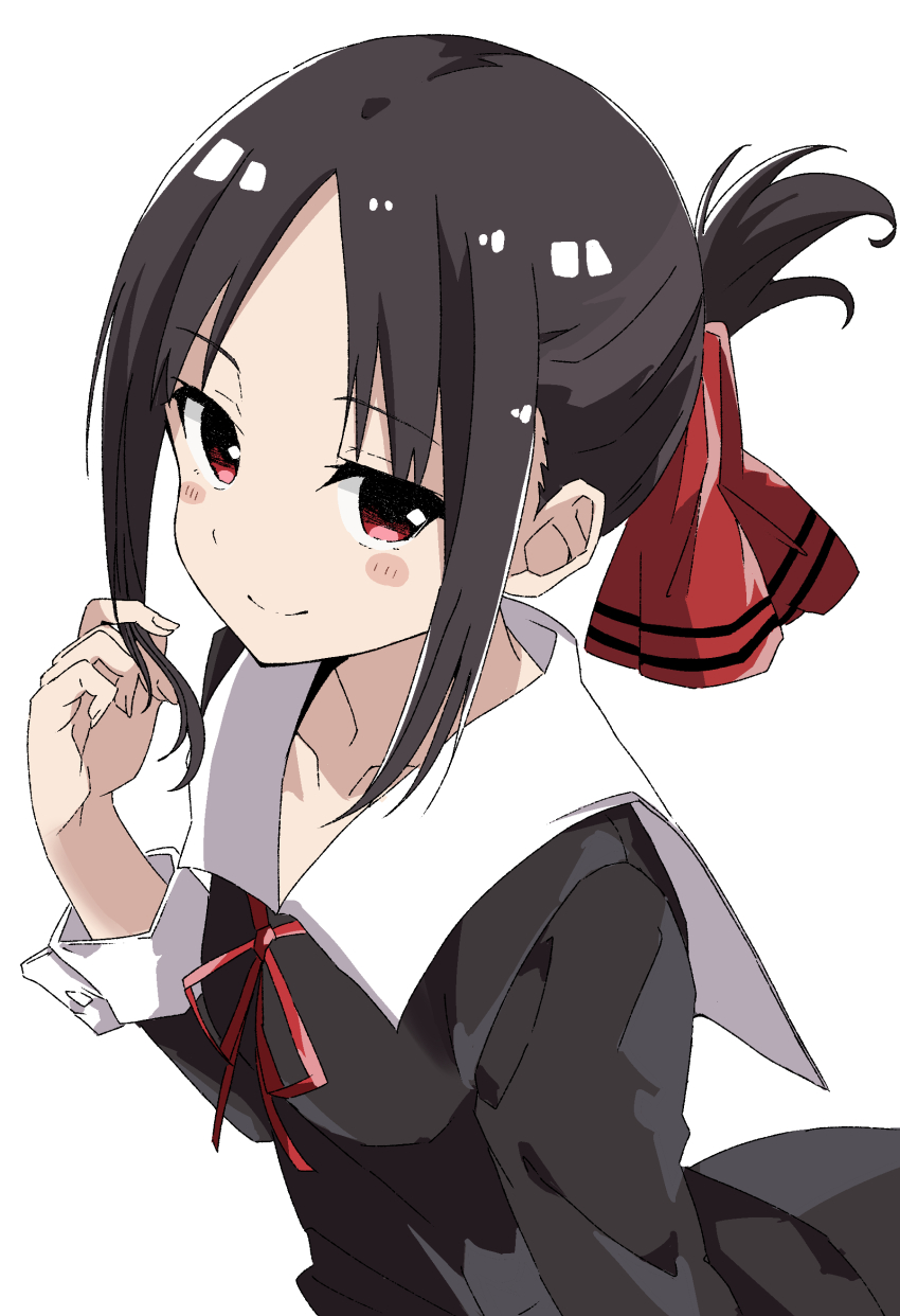 1girl absurdres black_eyes black_hair black_sleeves blush collarbone folded_ponytail gradient_eyes hair_ribbon highres kaguya-sama_wa_kokurasetai_~tensai-tachi_no_renai_zunousen~ long_sleeves maho_ron1 multicolored_eyes neck_ribbon parted_bangs playing_with_own_hair ponytail red_eyes red_ribbon ribbon school_uniform shinomiya_kaguya shuuchiin_academy_school_uniform sidelocks smile solo standing upper_body white_background