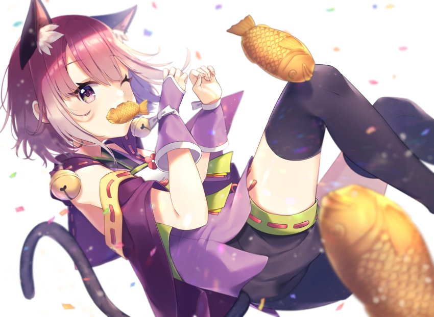 1girl animal_ear_fluff animal_ears bell black_shorts black_thighhighs blush capelet cat_ears cat_girl cat_tail fang food_in_mouth highres jingle_bell looking_at_viewer one_eye_closed potemaro princess_connect! purple_capelet purple_eyes purple_hair purple_shirt shirt short_hair short_shorts shorts skin_fang sleeveless sleeveless_shirt solo tail tamaki_(princess_connect!) thighhighs thighs white_background