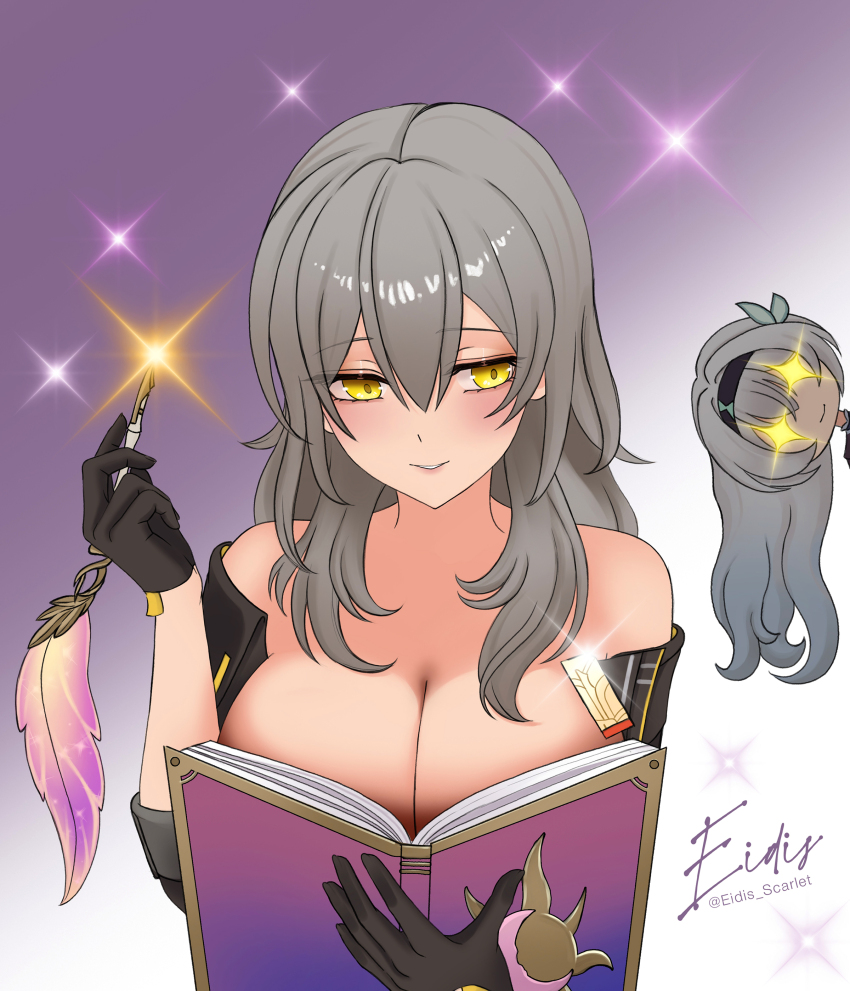 +_+ 2girls absurdres black_gloves black_hairband blush boobs_in_book_(meme) book breasts cleavage commentary covering_breasts covering_privates eidis_scarlet english_commentary firefly_(honkai:_star_rail) gloves grey_hair hair_between_eyes hairband hand_up hands_up highres holding holding_book holding_pen honkai:_star_rail honkai_(series) large_breasts light_smile long_hair meme multiple_girls nib_pen_(object) parted_lips pen signature solo_focus stelle_(honkai:_star_rail) topless_female trailblazer_(honkai:_star_rail) twitter_username very_long_hair yellow_eyes