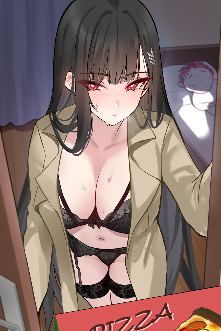 1boy 1girl absurdres black_bra black_garter_belt black_panties blue_archive blush bra breasts bright_pupils brown_coat cleavage closed_mouth coat collarbone commentary delivery doodle_sensei_(blue_archive) doorway english_commentary garter_belt guy_tired_after_sex_(meme) hair_ornament hairclip highres large_breasts lingerie long_hair long_sleeves looking_at_viewer meme navel open_clothes open_coat paid_reward_available panties pizza_box pizza_delivery pov_doorway red_eyes rio_(blue_archive) sensei_(blue_archive) shigure_s solo_focus standing underwear white_pupils