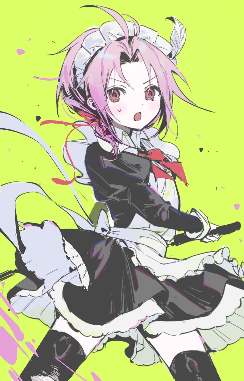 1boy ahoge alternate_costume apron back_bow black_dress black_thighhighs blush bow bowtie cowboy_shot crossdressing crossdressing_(mtf) curtained_hair dita_iliner dress enmaided frilled_apron frills green_background hashtag-only_commentary highres holding holding_sword holding_weapon juliet_sleeves long_sleeves maid maid_headdress male_focus male_maid nb_66 open_mouth parted_bangs puffy_sleeves purple_eyes red_bow red_bowtie red_eyes saibou_shinkyoku short_dress solo sweat sword thighhighs trap v-shaped_eyebrows weapon white_apron white_bow