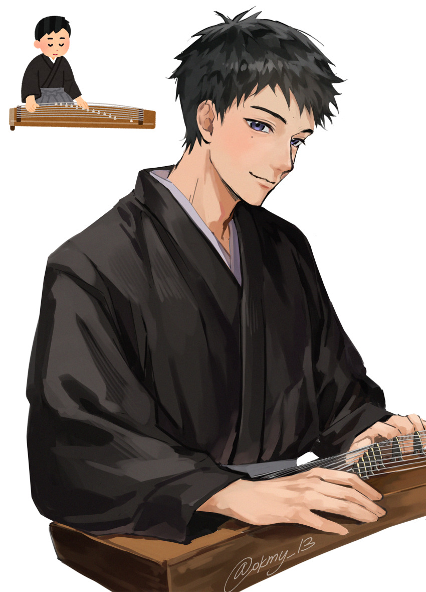 1boy absurdres black_hair black_kimono chibi chibi_inset grey_hakama hakama highres instrument irasutoya irasutoya_challenge japanese_clothes kimono koto_(instrument) male_focus mole mole_under_eye music muyu_(okmy_13) playing_instrument reference_inset short_hair smile solo twitter_username white_background