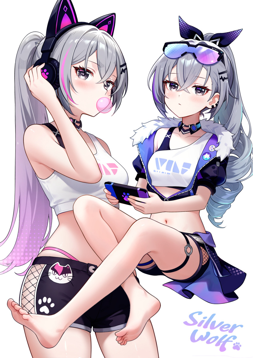 1girl absurdres animal_ear_headphones animal_ears aviary barefoot black_shorts blowing_bubbles blush breasts cat_ear_headphones chewing_gum commentary cross-laced_clothes cross-laced_shorts crossed_bangs drill_hair fake_animal_ears feet fur-trimmed_jacket fur_trim grey_eyes grey_hair hair_between_eyes hair_intakes headphones highres honkai:_star_rail honkai_(series) jacket legs long_hair looking_at_viewer medium_breasts multiple_views navel ponytail purple_streaks revision short_shorts shorts silver_wolf_(honkai:_star_rail) simple_background thighs toes white_background