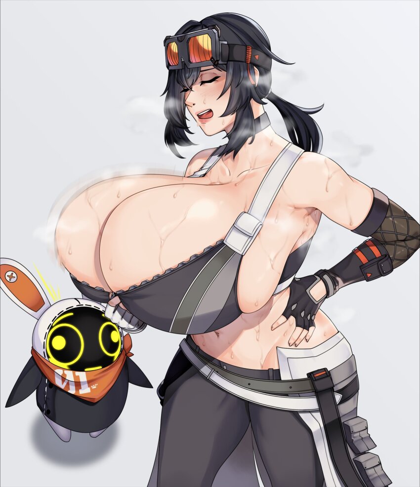 1girl bangboo_(zenless_zone_zero) bouncing_breasts breasts bursting_breasts choker cleavage closed_eyes eous_(zenless_zone_zero) female_focus fingerless_gloves gigantic_breasts gloves goggles grace_howard hand_on_own_hip highres medium_hair navel ponytail skindentation solo steaming_body strongmoist sweat zenless_zone_zero