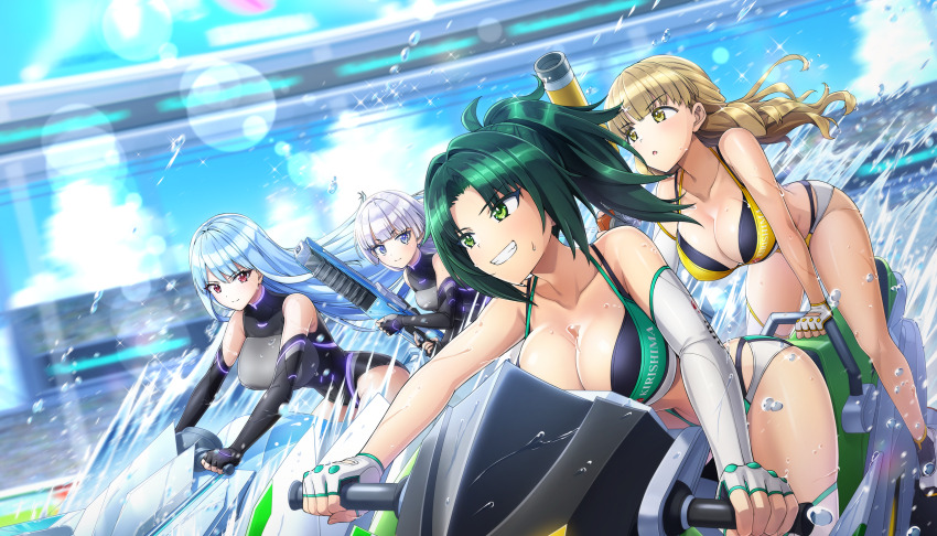 4girls ayato_utae bare_shoulders bikini black_gloves blonde_hair blue_eyes blue_hair blunt_bangs breasts cleavage dolphin_wave elbow_gloves fingerless_gloves framed_breasts game_cg gloves green_hair hair_intakes harunami_anri highres holding holding_water_gun jet_ski kazami_uniform kirishima_uniform kneehighs large_breasts layered_bikini long_hair looking_to_the_side multiple_girls nayuki_hiori non-web_source official_art ootomo_takuji ponytail purple_hair red_eyes schnee_weissberg single_elbow_glove single_kneehigh single_sock small_breasts socks swimsuit water_drop water_gun watercraft white_gloves yellow_eyes