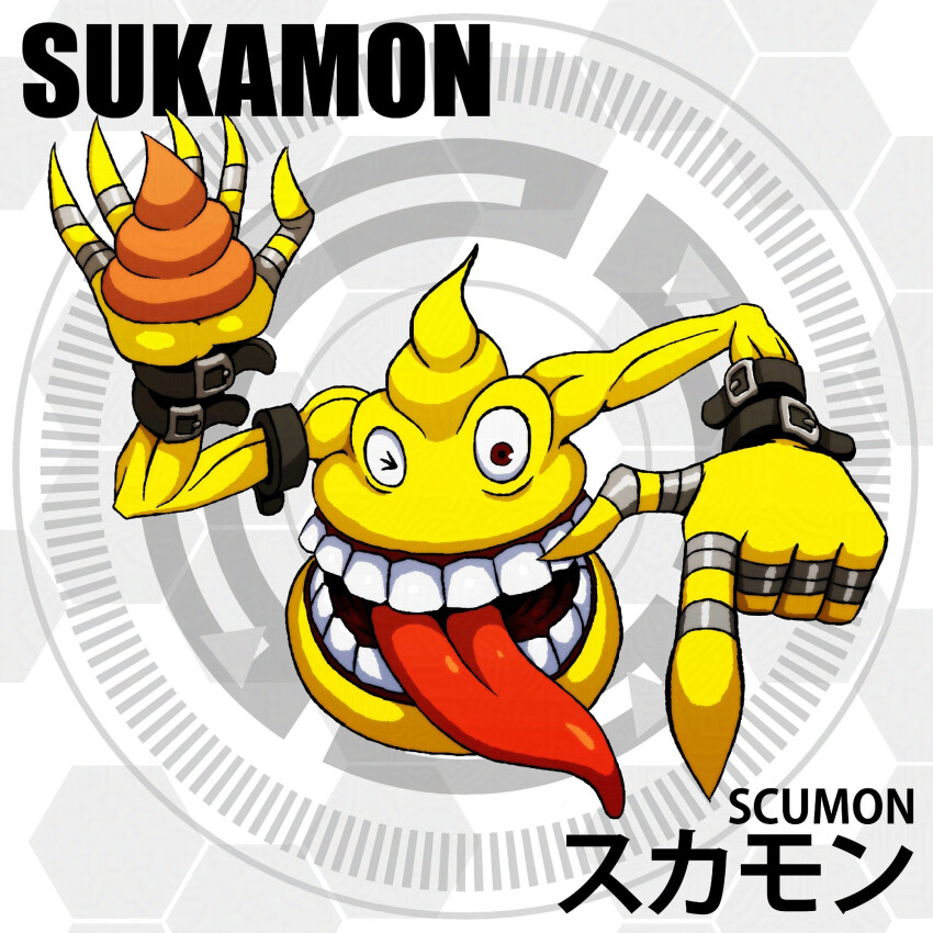 belt d_sandy digimon digimon_(creature) one_eye_closed scumon solo tongue tongue_out wink