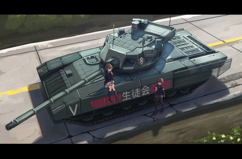 2girls bad_id bad_pixiv_id dreadtie highres letterboxed military military_vehicle motor_vehicle multiple_girls original t-14_armata tank translation_request