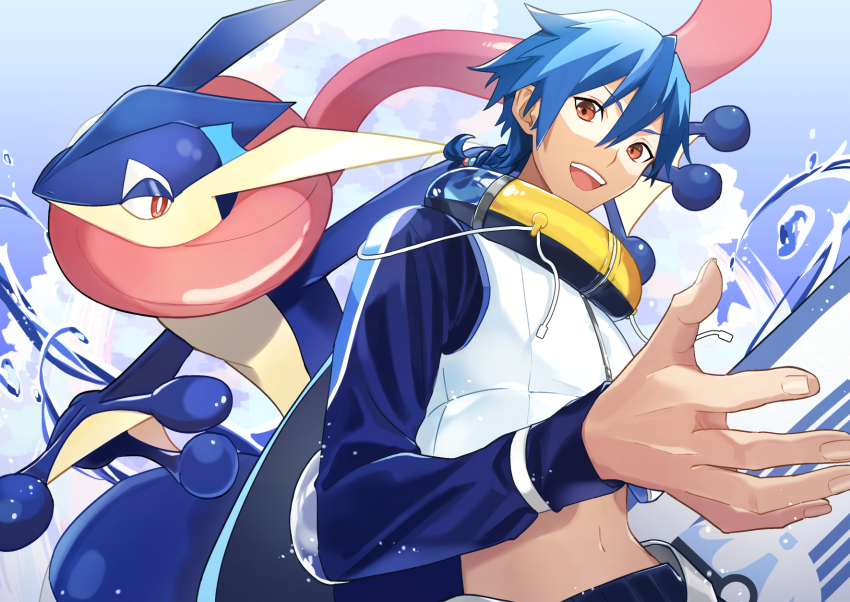 1boy alternate_costume alternate_hairstyle arm_up blue_hair blue_skin braid cloud colored_skin commentary cowboy_shot cropped_jacket crossover dive_ball eme_de_ank frog gen_6_pokemon gradient_background greninja highres jacket kaito_(vocaloid) long_sleeves looking_at_viewer male_focus midriff multicolored_jacket navel nintendo open_mouth orange_eyes poke_ball pokemon project_voltage single_braid sky swim_ring tan tanline teeth tongue upper_teeth_only vocaloid water water_drop zipper