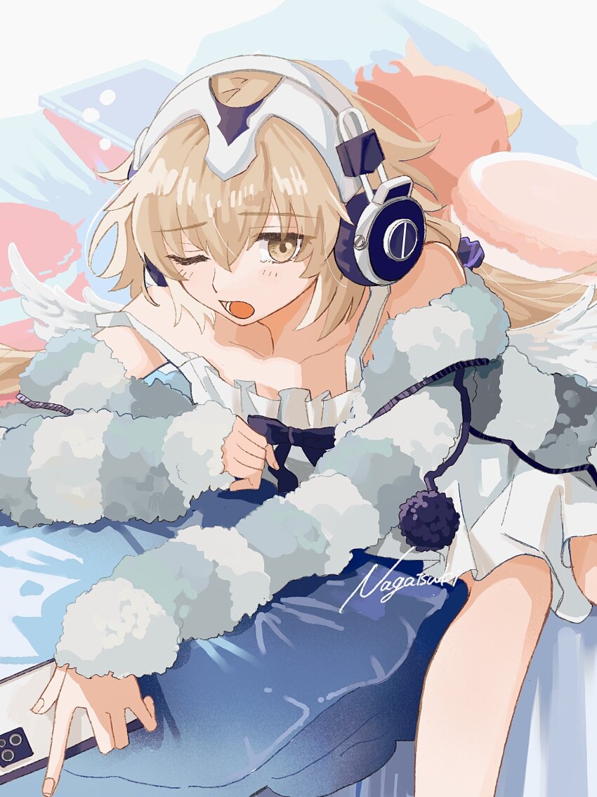 1girl absurdres bare_shoulders blonde_hair cellphone collarbone commentary_request dress fate/grand_order fate_(series) fingernails headphones highres holding holding_phone jeanne_d&#039;arc_(fate) long_hair looking_at_viewer metatron_jeanne_(fate) metatron_jeanne_(second_ascension)_(fate) nagatsuki_(huwamo9_8ku) off_shoulder one_eye_closed open_mouth phone pillow signature solo white_dress yawning yellow_eyes
