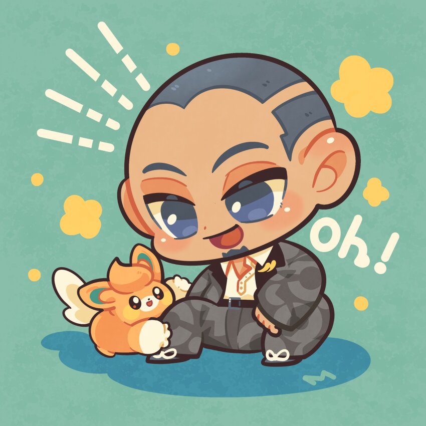 1boy black_hair buzz_cut collared_shirt dark-skinned_male dark_skin facial_hair goatee green_background highres jacket meme mintia1209 nintendo oh!_pamo-san_(meme) open_clothes open_mouth pawmi pokemon pokemon_(creature) pokemon_sv salvatore_(pokemon) shirt short_hair smile very_short_hair