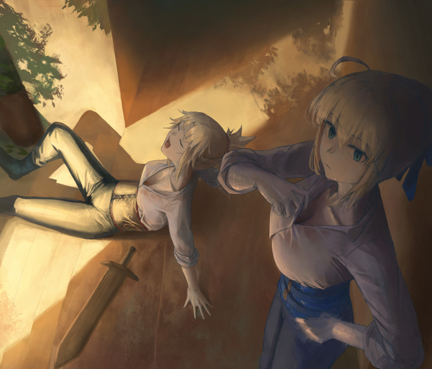 2girls absurdres artoria_pendragon_(fate) blonde_hair blue_eyes blue_ribbon breasts cleavage closed_eyes collarbone collared_shirt expressionless fate/grand_order fate_(series) highres mordred_(fate) multiple_girls open_mouth outdoors ribbon saber_(fate) shade shirt sweat sword twckb weapon wooden_sword