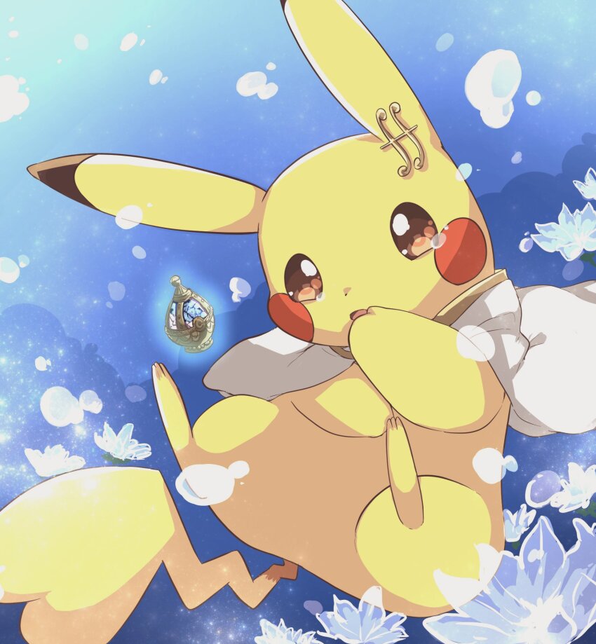 brown_eyes bubble cape chi_z_z_z commentary cosplay fortissimo gen_1_pokemon hair_ornament highres mahou_shoujo_madoka_magica mahou_shoujo_madoka_magica_(anime) miki_sayaka miki_sayaka_(cosplay) musical_note musical_note_hair_ornament nintendo no_humans pikachu pokemon pokemon_(creature) solo soul_gem symbol-only_commentary underwater white_cape