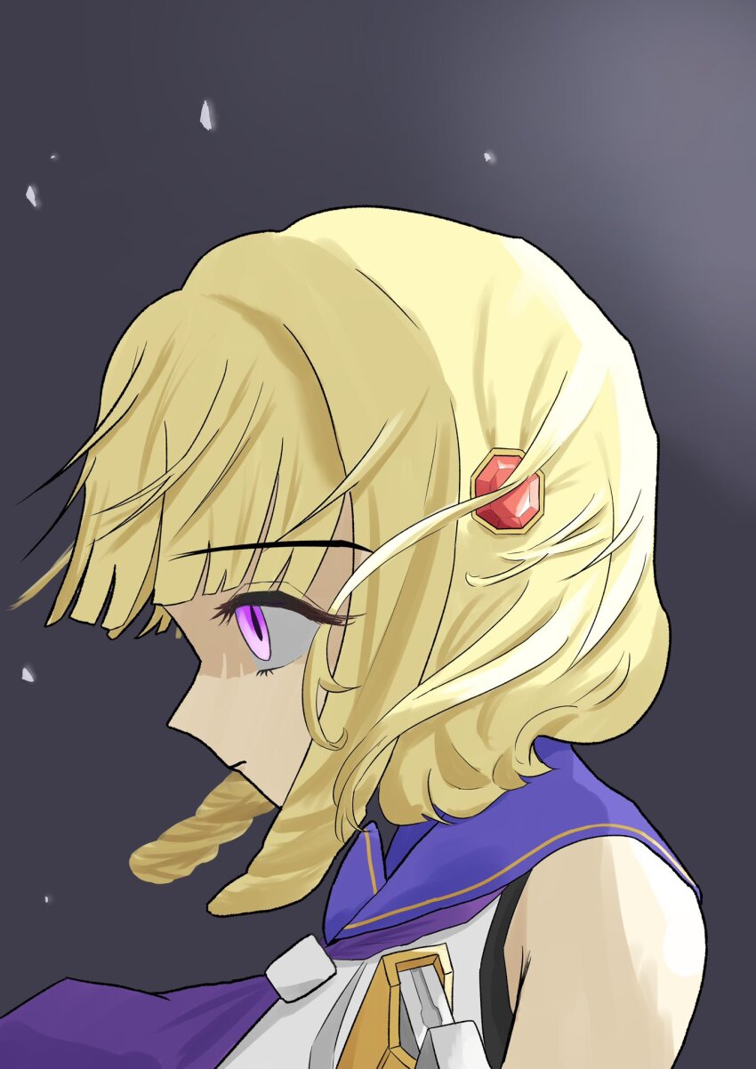 1girl assault_lily bare_shoulders blonde_hair blue_sailor_collar blunt_bangs closed_mouth commentary_request from_behind gem gem_hair_ornament gradient_background grey_background hair_ornament highres imamura_yukari_(assault_lily) light_particles looking_ahead neckerchief odaiba_girls_high_school_uniform portrait profile purple_eyes purple_neckerchief red_gemstone sailor_collar school_uniform shirt short_hair sleeveless sleeveless_shirt solo washi-san weapon white_shirt