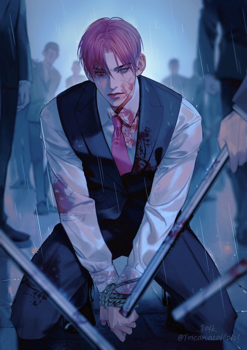 1boy artist_name black_shoes blood blood_on_clothes blood_on_face bloody_weapon blue_eyes blurry blurry_background blurry_foreground bound bound_wrists closed_mouth commentary english_commentary full_body grey_pants grey_vest highres holding holding_baton holding_weapon kneeling looking_at_viewer male_focus necktie original outdoors own_hands_together pants people pink_hair pink_necktie rain rope shirt shoes short_hair solo_focus thick_lips tile_floor tiles toscana20460423 twitter_username vest weapon white_shirt