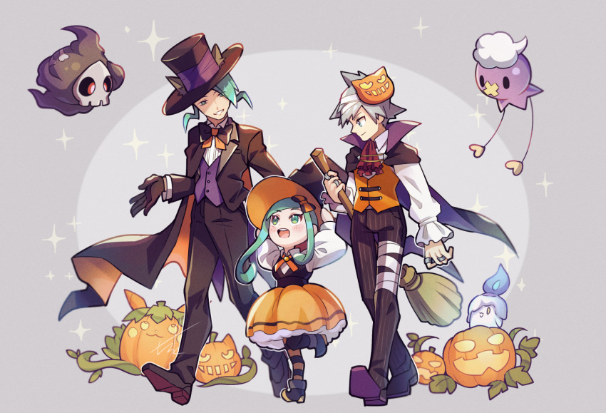 1girl 2boys aged_down alternate_costume bow bowtie broom cape closed_mouth commentary_request drifloon duskull gen_3_pokemon gen_4_pokemon gen_5_pokemon gloves green_hair halloween hat holding holding_broom jack-o&#039;-lantern jewelry lisia_(pokemon) litwick long_sleeves mask mask_on_head multiple_boys nintendo orange_vest pants pantyhose pokemon pokemon_(creature) pokemon_oras pumpkin purple_vest ring shirt shoes short_hair smile standing steven_stone striped_clothes striped_pantyhose themed_object top_hat uncle_and_niece vest walking wallace_(pokemon) white_shirt zeroki_(izuno)