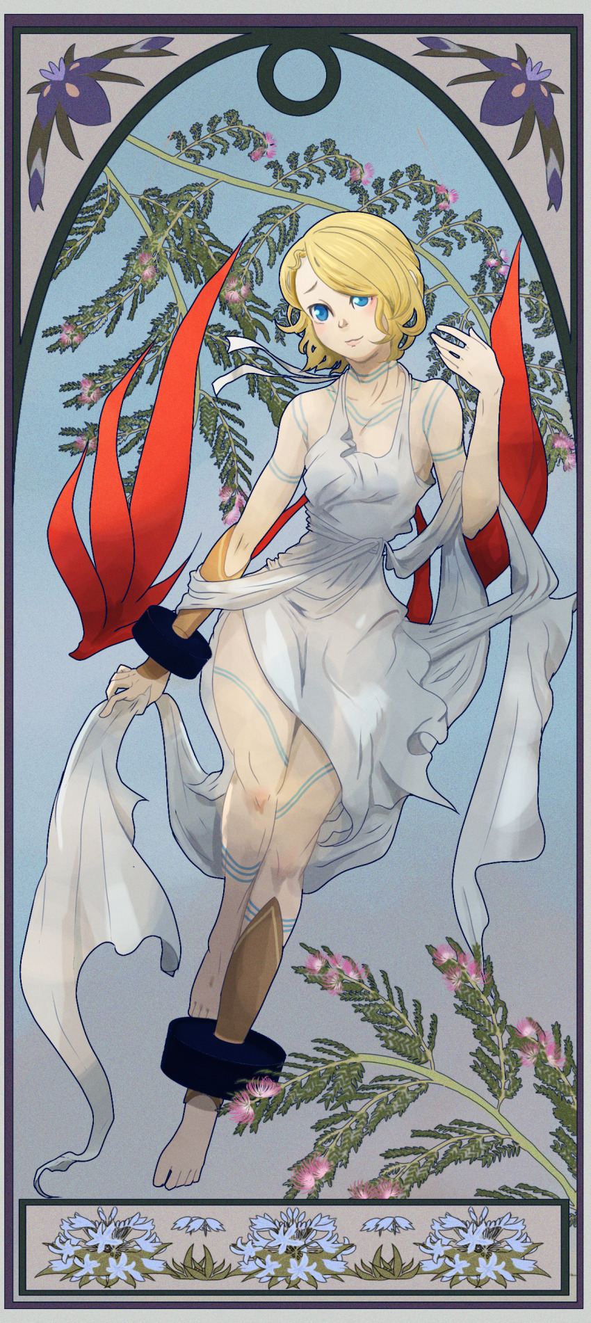 1girl absurdres barefoot blonde_hair blue_eyes bracelet breath_of_fire breath_of_fire_v choker closed_mouth dress flower full-body_tattoo full_body highres jewelry looking_at_viewer nina_(breath_of_fire_v) red_wings satori_ill short_hair smile solo tattoo white_dress wings