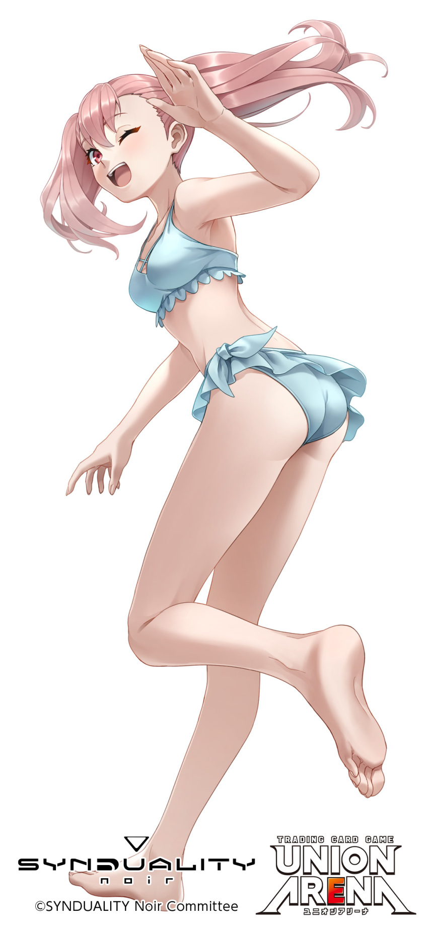1girl absurdres arms_up bare_arms bare_legs bare_shoulders barefoot bikini center-flap_bangs ellie_(synduality) frilled_bikini frills from_behind full_body highres leaning_forward logo looking_back midriff official_art one_eye_closed pink_hair running swimsuit synduality synduality_noir twintails tyuga