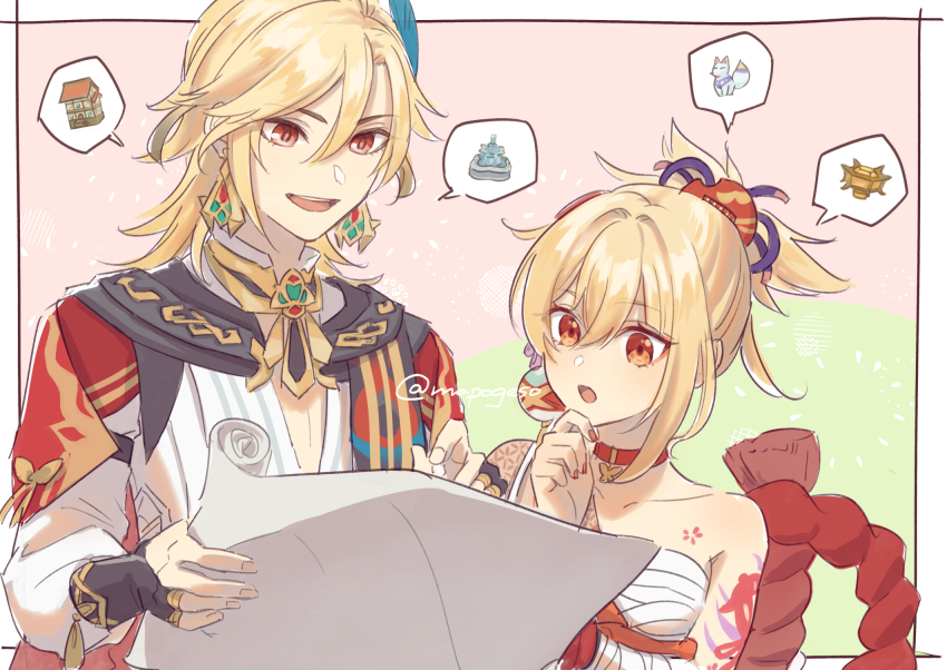 1boy 1girl arm_tattoo bandaged_arm bandages blonde_hair chest_sarashi choker earrings genshin_impact hadanugi_dousa hair_between_eyes highres holding japanese_clothes jewelry kaveh_(genshin_impact) kimono mapogeso off_shoulder open_clothes open_kimono open_mouth red_choker red_eyes sarashi simple_background tattoo twitter_username upper_body yoimiya_(genshin_impact)